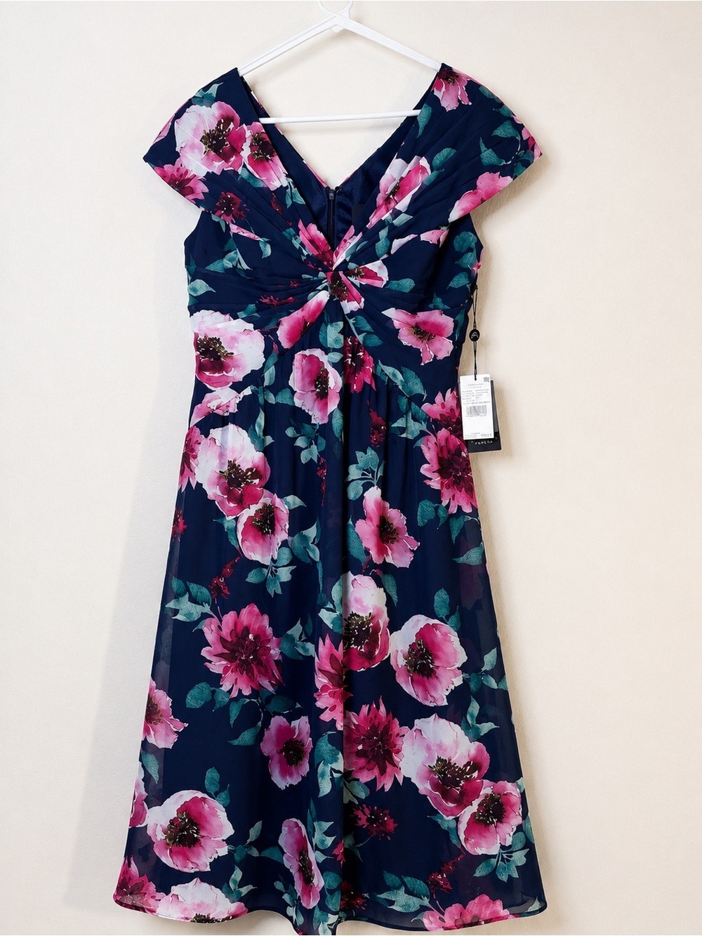 NWT Adrianna Papell Floral Front Twist Midi Dress Navy Pink Size 10 - Picture 4 of 12